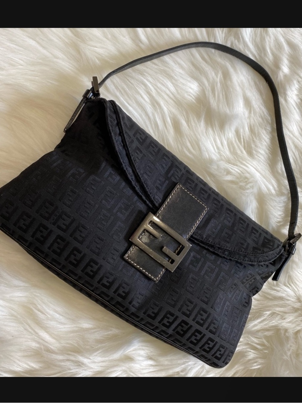 Authentic Vintage Fendi Black Zucca Baguette Shoulder Bag